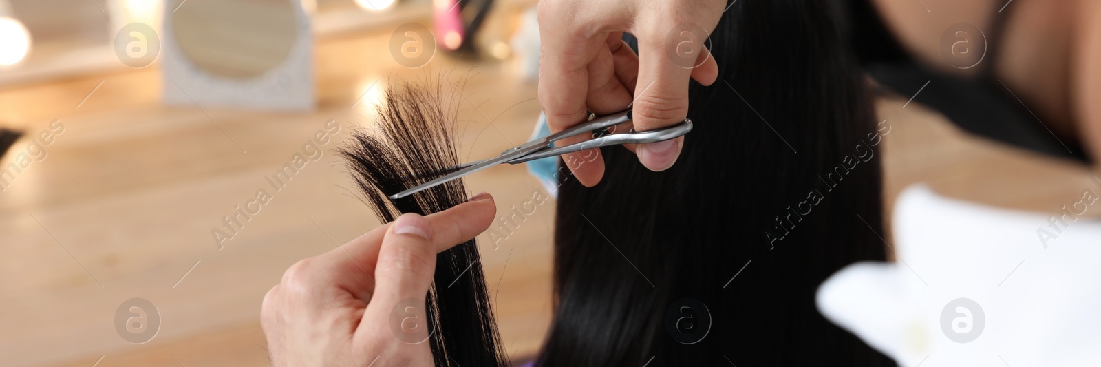 Image of Professional stylist working with client in salon, closeup. Banner design