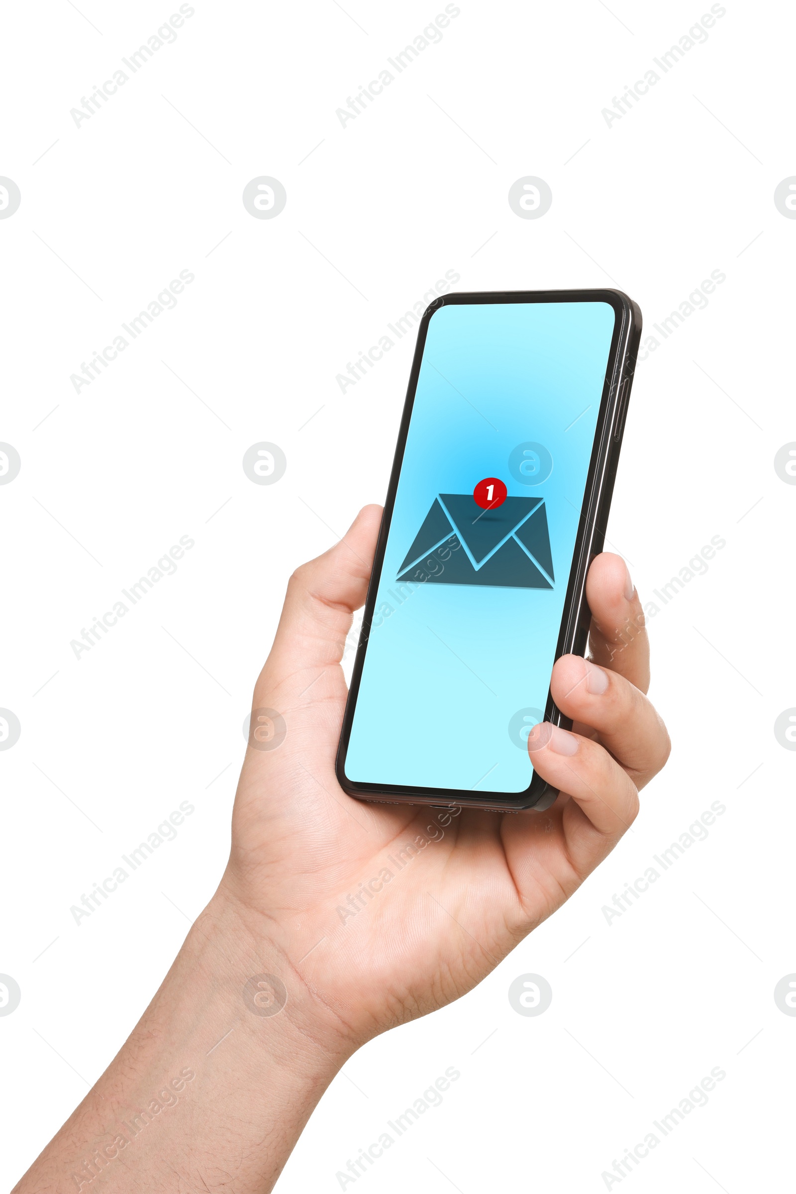 Image of New message notification. Man with mobile phone on white background, closeup