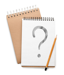 Image of Stylish notebook with question mark and pencil on white background, top view