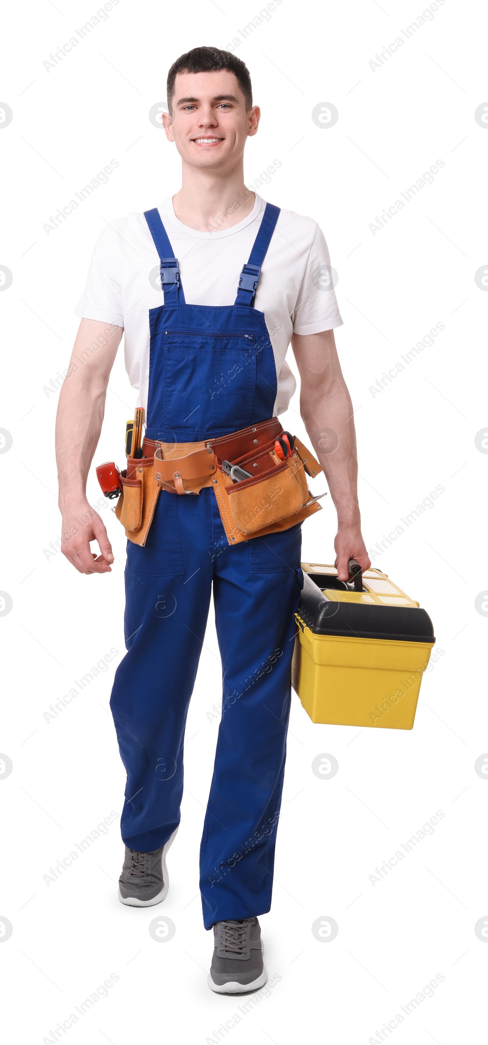 Photo of Professional repairman with tool box on white background