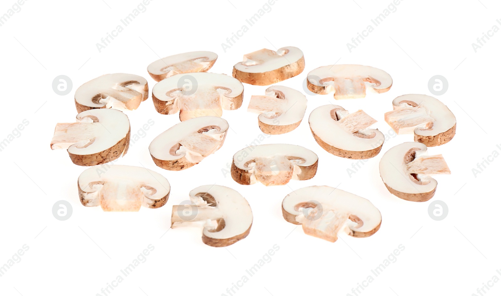 Photo of Cut champignon mushrooms isolated on white. Layer for pizza