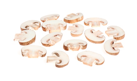 Cut champignon mushrooms isolated on white. Layer for pizza