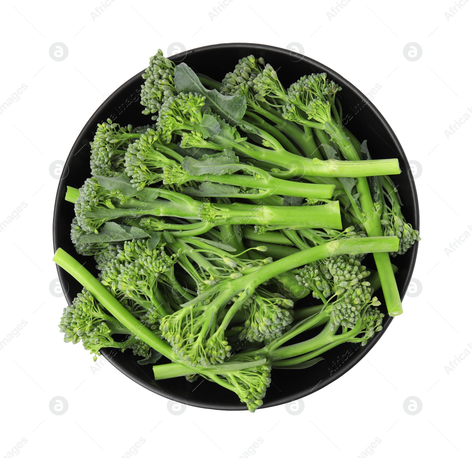 Photo of Bowl with fresh raw broccolini isolated on white, top view. Healthy food