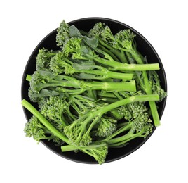 Bowl with fresh raw broccolini isolated on white, top view. Healthy food