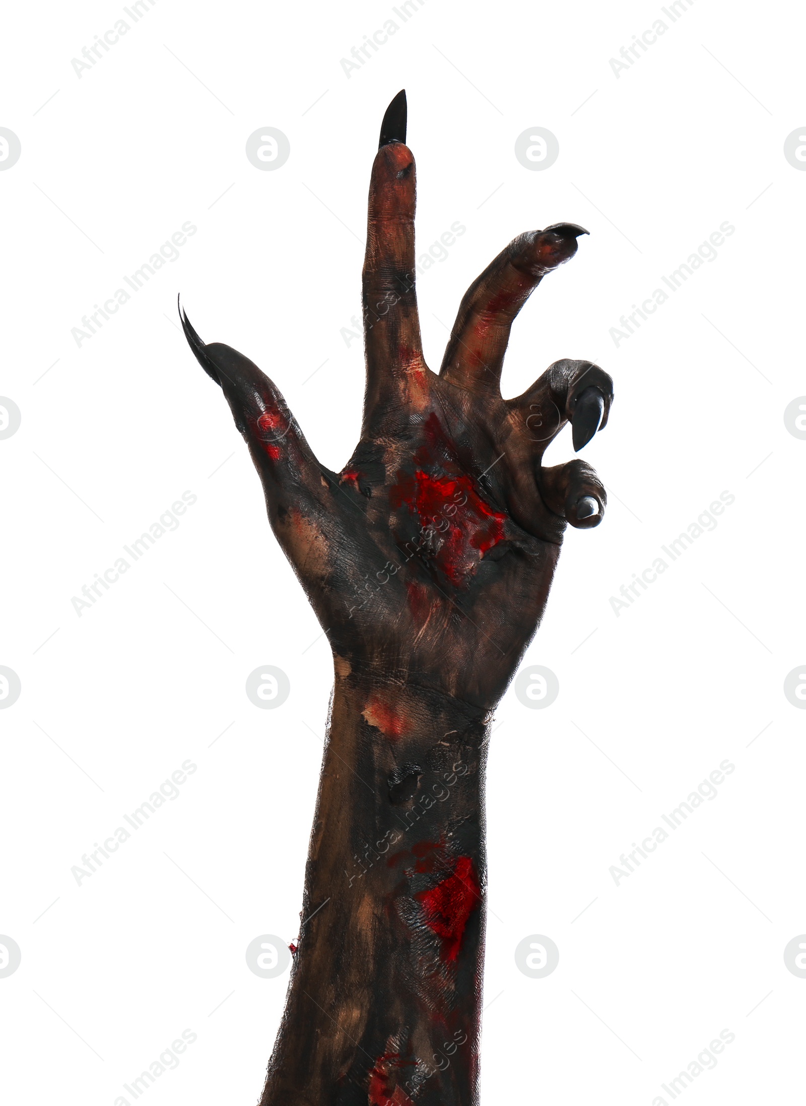 Photo of Scary monster on white background, closeup of hand. Halloween character