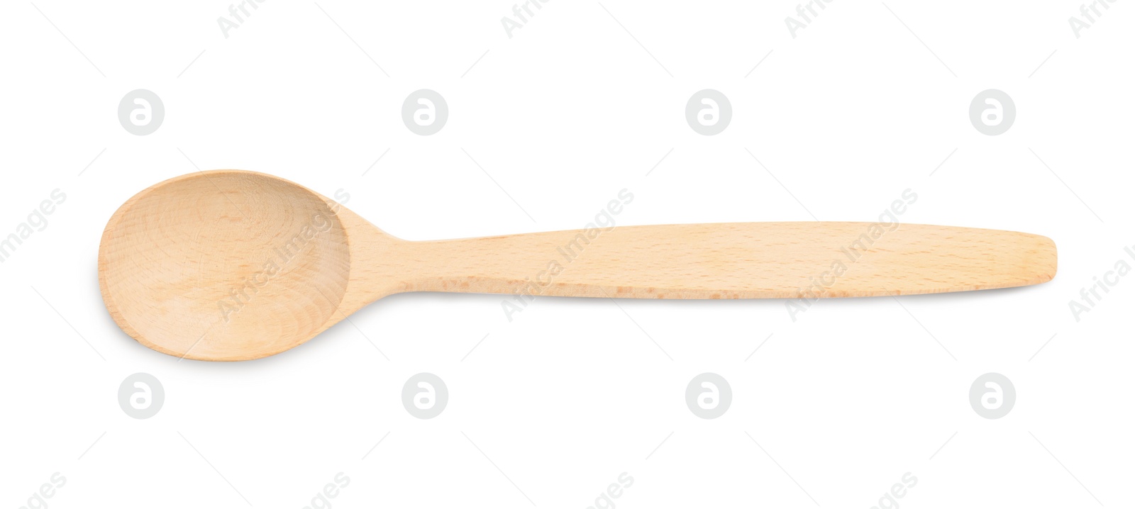 Photo of Handmade wooden spoon isolated on white, top view