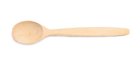 Photo of Handmade wooden spoon isolated on white, top view