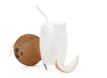 Photo of Glass of coconut water, ice cubes and nuts isolated on white