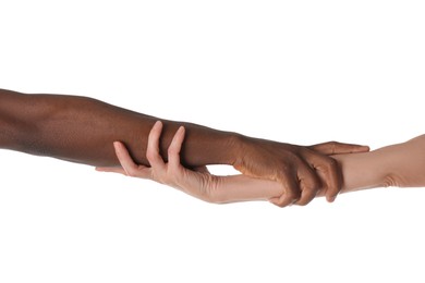 Woman and African American man holding hands on white background, closeup
