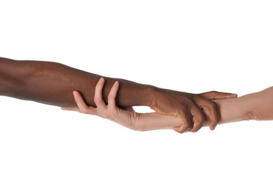 Photo of Woman and African American man holding hands on white background, closeup