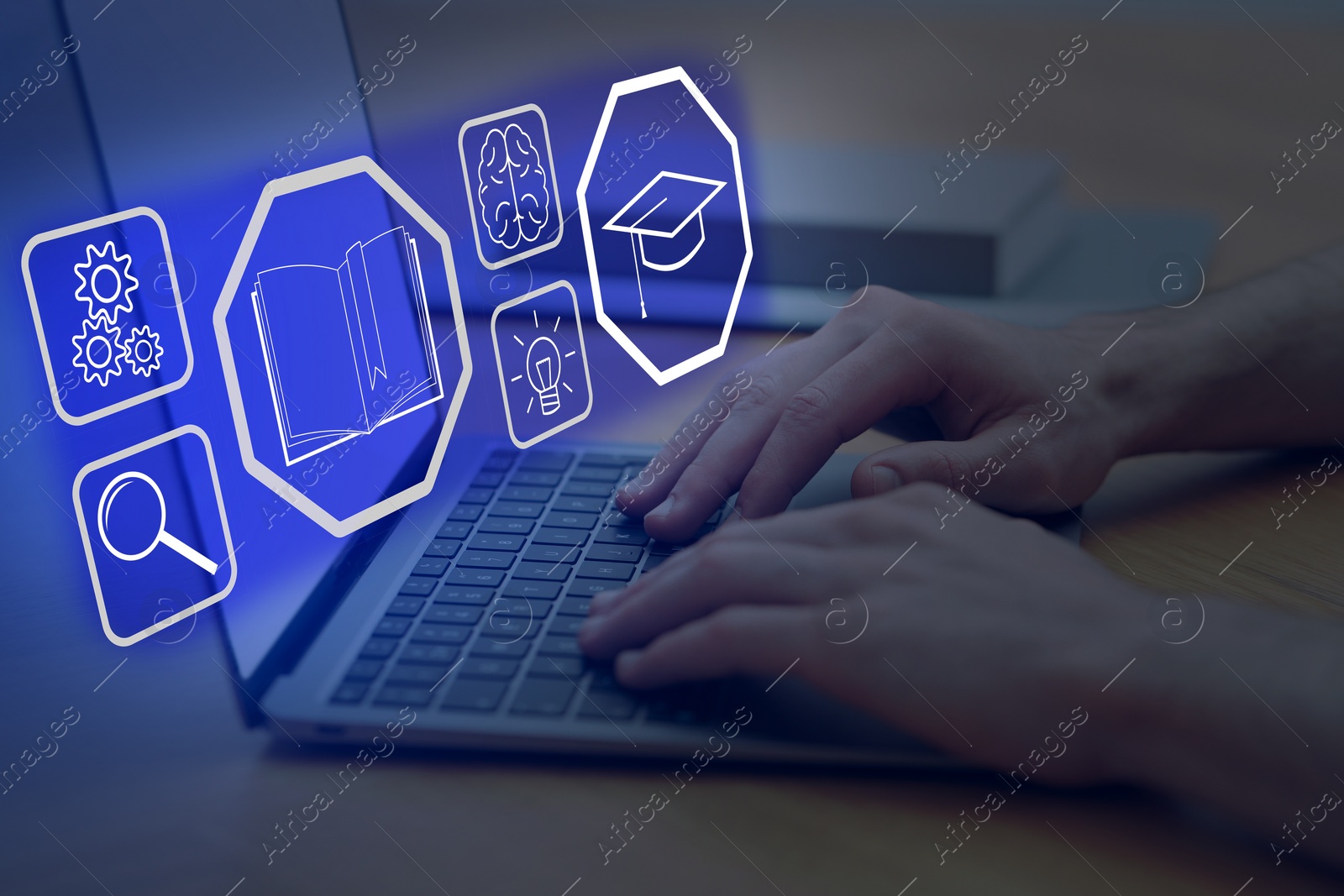 Image of E-learning. Man working with laptop at table, closeup. Illustrations of different icons