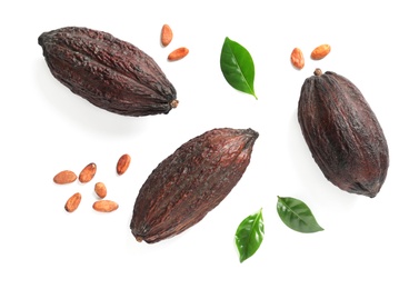 Photo of Composition with cocoa pods on white background, top view