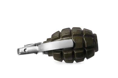 Photo of Hand grenade isolated on white background. Explosive weapon