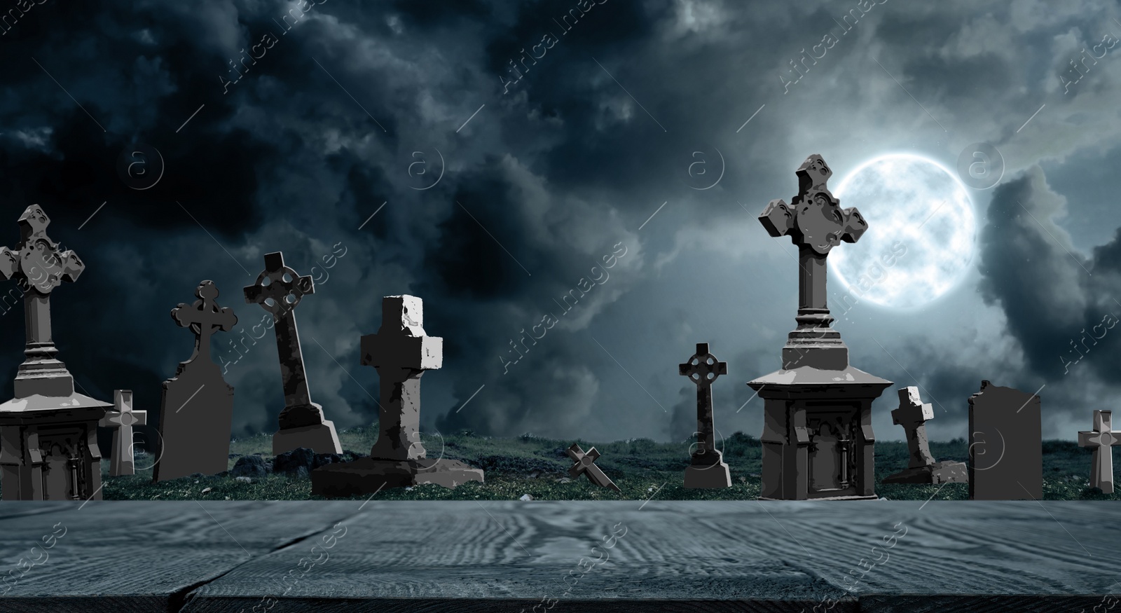 Image of Wooden surface and moonlit graveyard with old creepy headstones. Halloween banner design