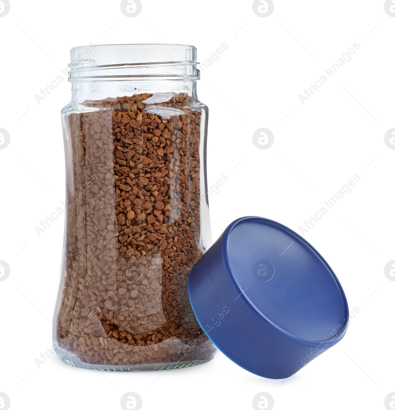 Photo of Glass jar of instant coffee isolated on white