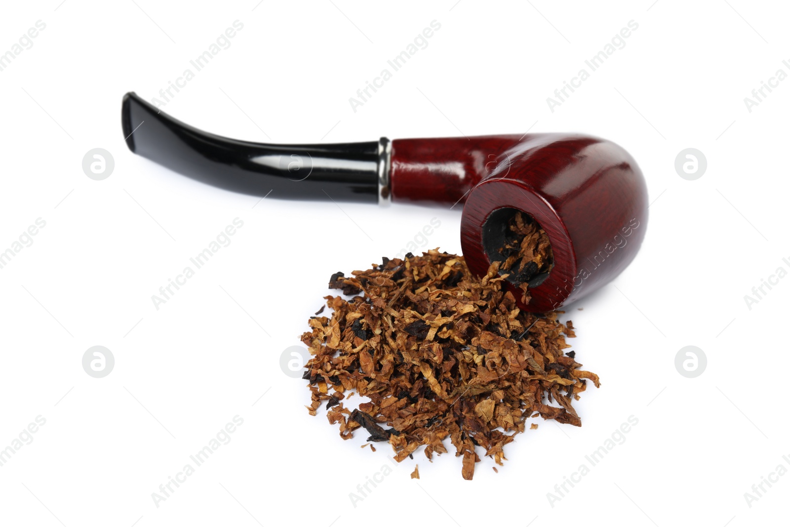 Photo of Smoking pipe with tobacco on white background