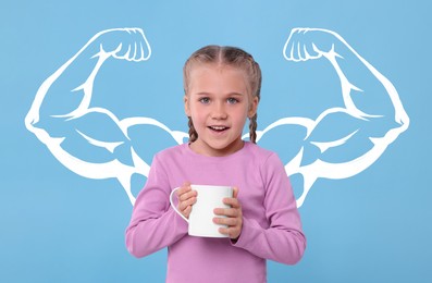 Cute little girl with mug and illustration of muscular arms behind her on light blue background