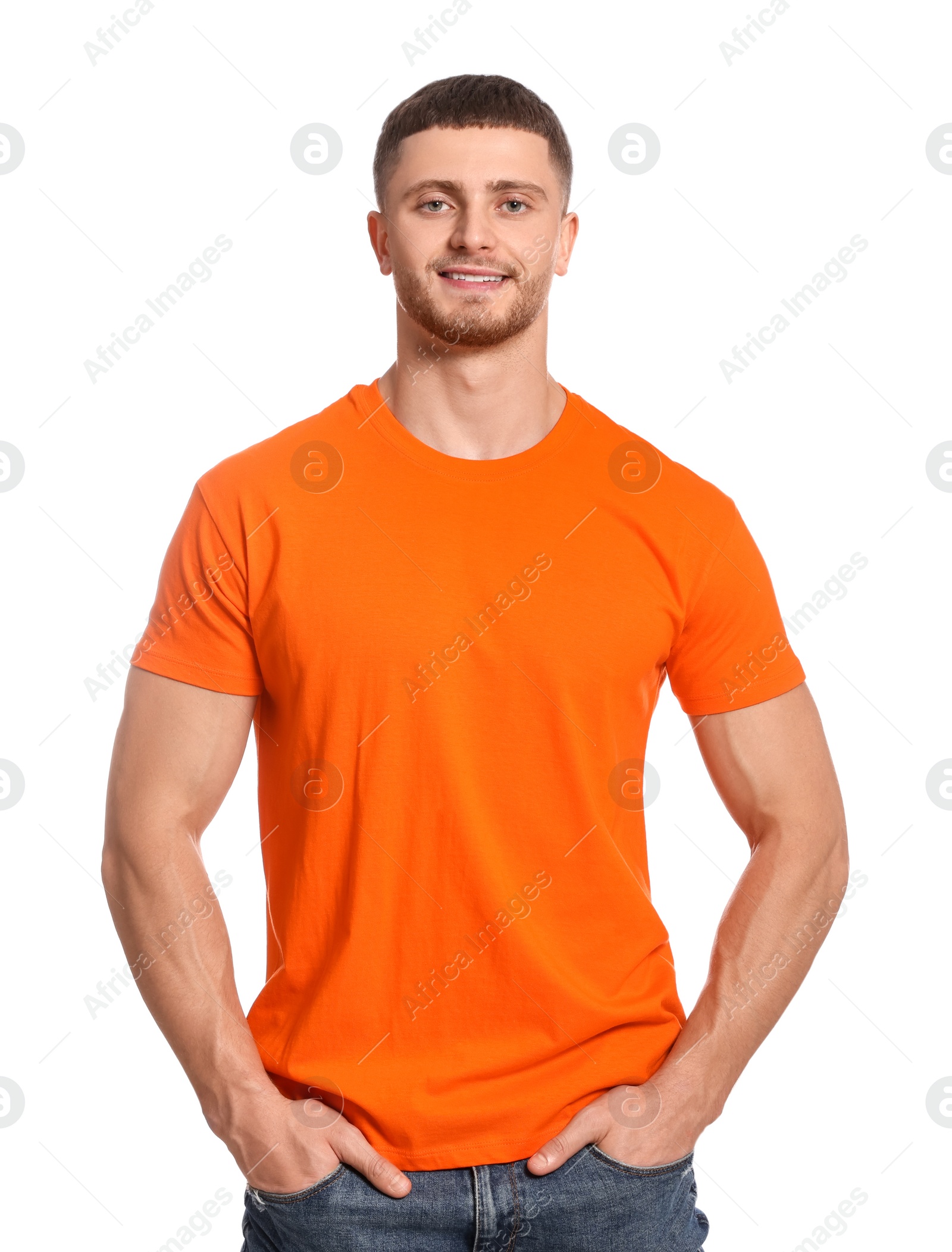 Photo of Man wearing orange t-shirt on white background. Mockup for design