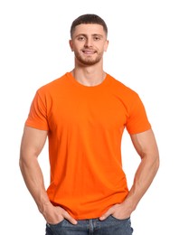 Man wearing orange t-shirt on white background. Mockup for design