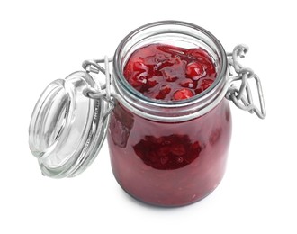 Photo of Fresh cranberry sauce in glass jar isolated on white