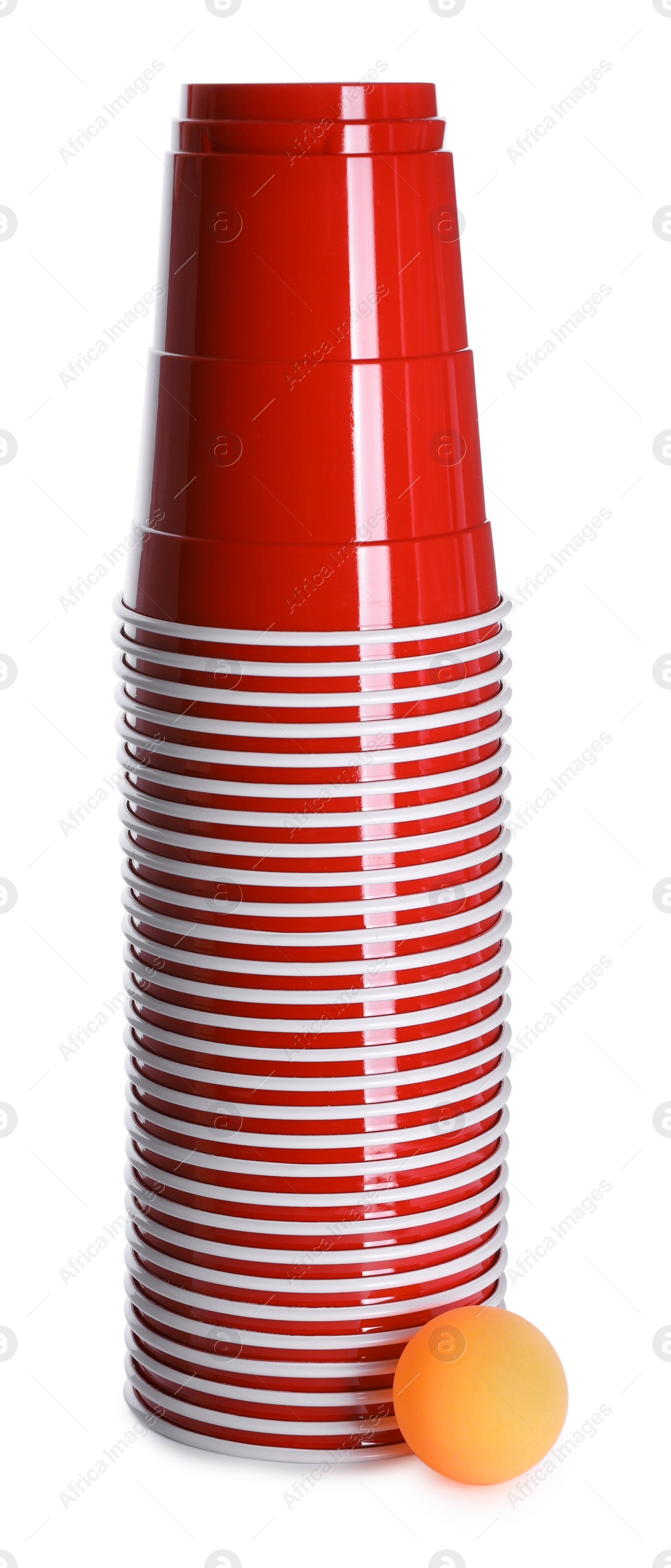 Photo of Plastic cups and ball for beer pong on white background