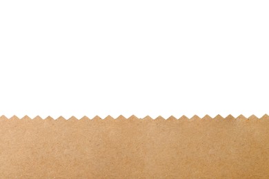 Photo of Kraft paper bag on white background, closeup