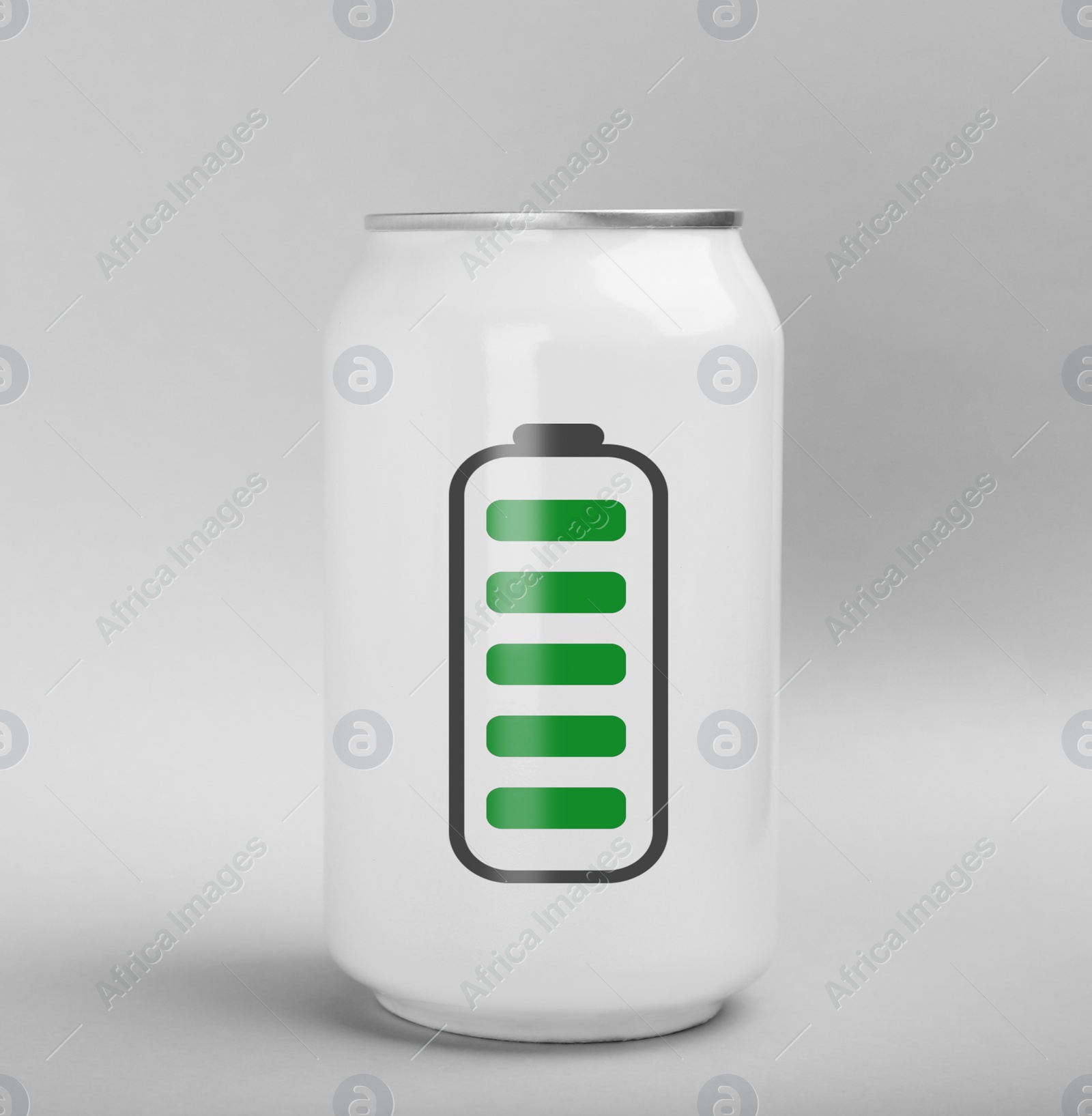 Image of Can of energy drink with picture of fully charged battery on light grey background