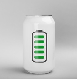 Image of Can of energy drink with picture of fully charged battery on light grey background