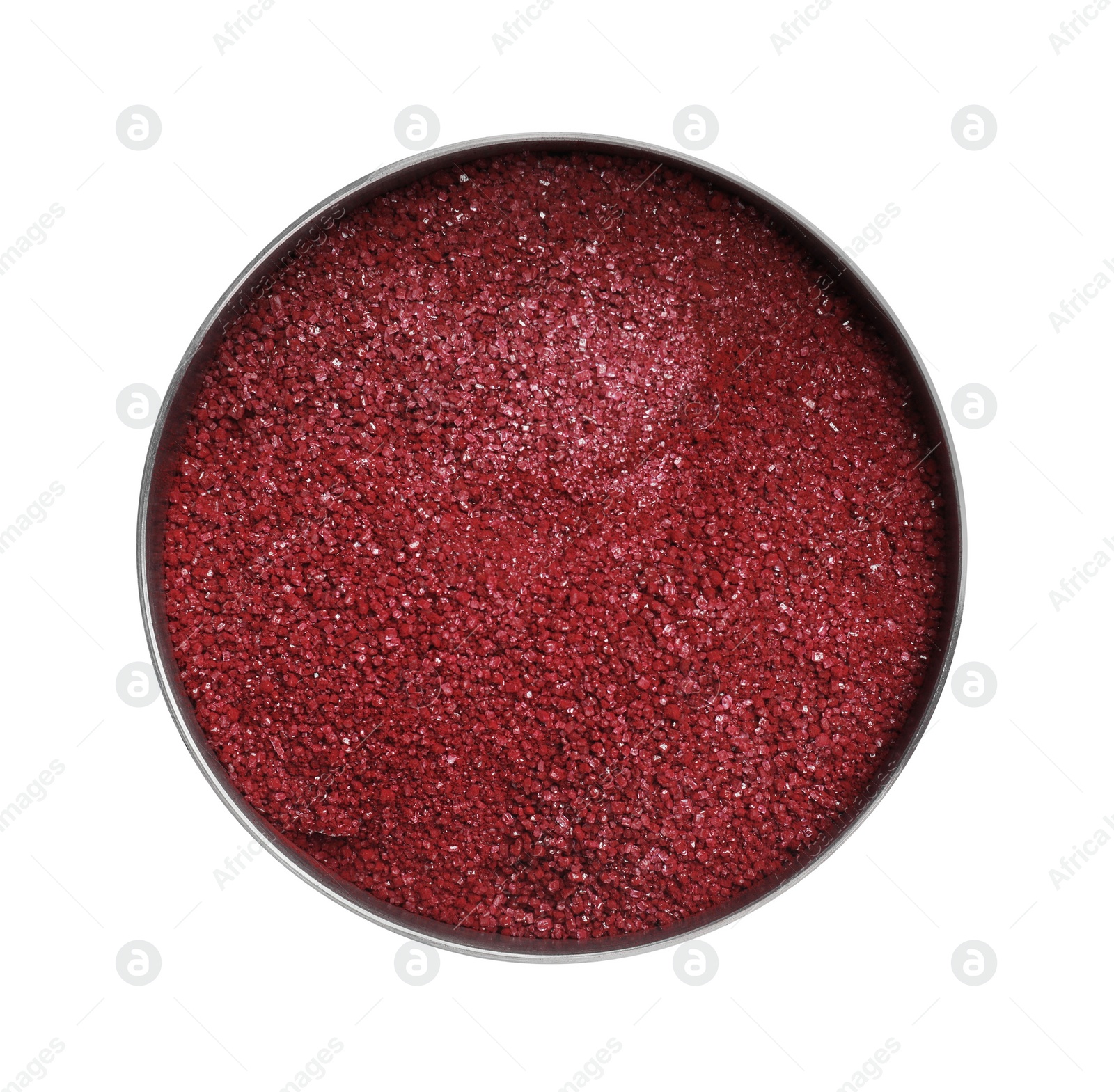 Photo of Bowl with dark red food coloring isolated on white, top view