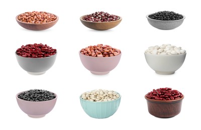 Image of Different raw kidney beans in bowls isolated on white, collection