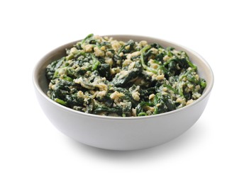 Tasty spinach dip with egg in bowl isolated on white