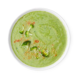 Delicious broccoli cream soup isolated on white, top view