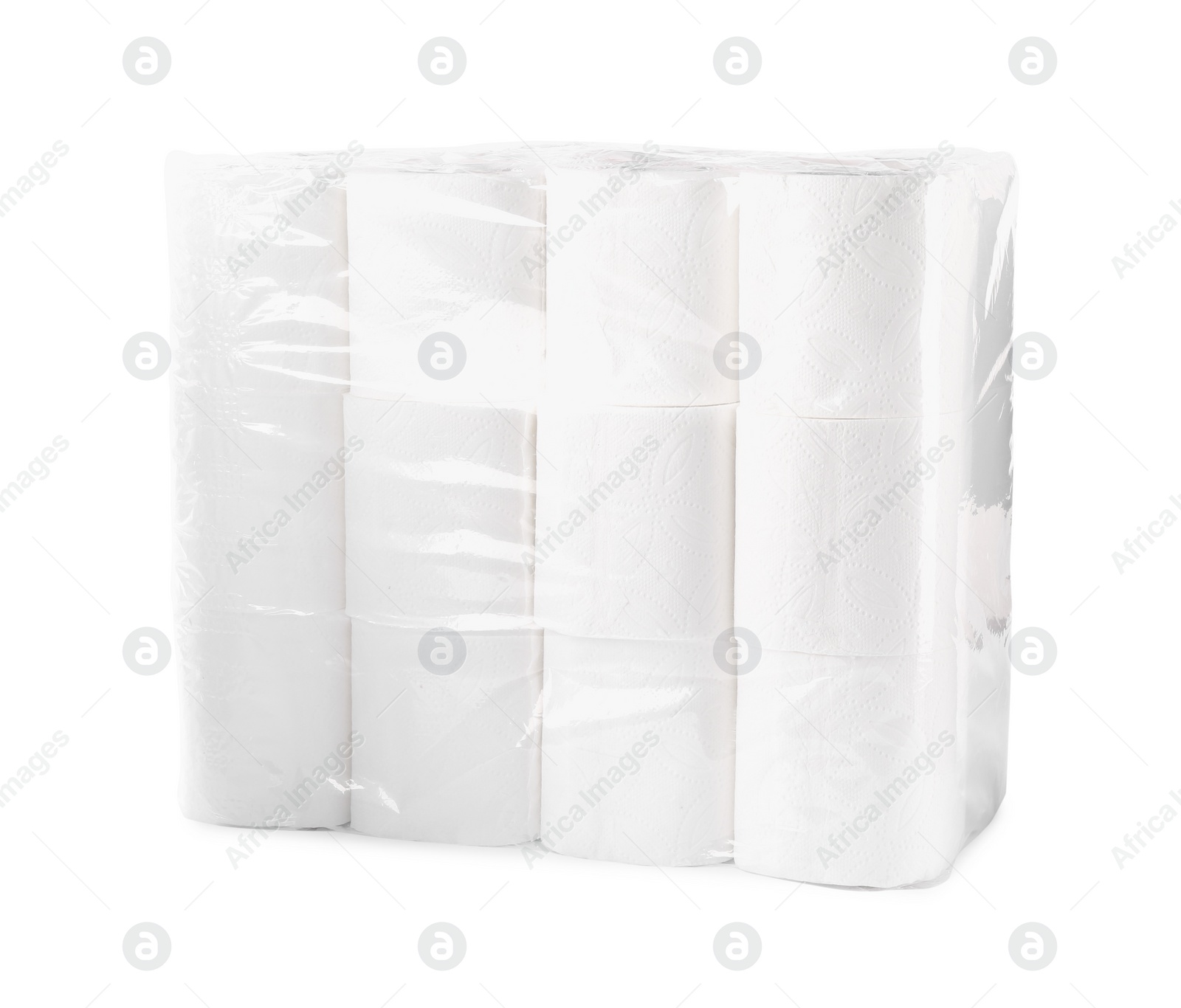 Photo of Package with many soft toilet paper rolls isolated on white