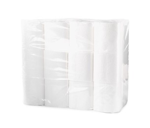 Package with many soft toilet paper rolls isolated on white