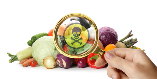 Woman with magnifying glass detecting microbes on white background, closeup. Food poisoning concept  