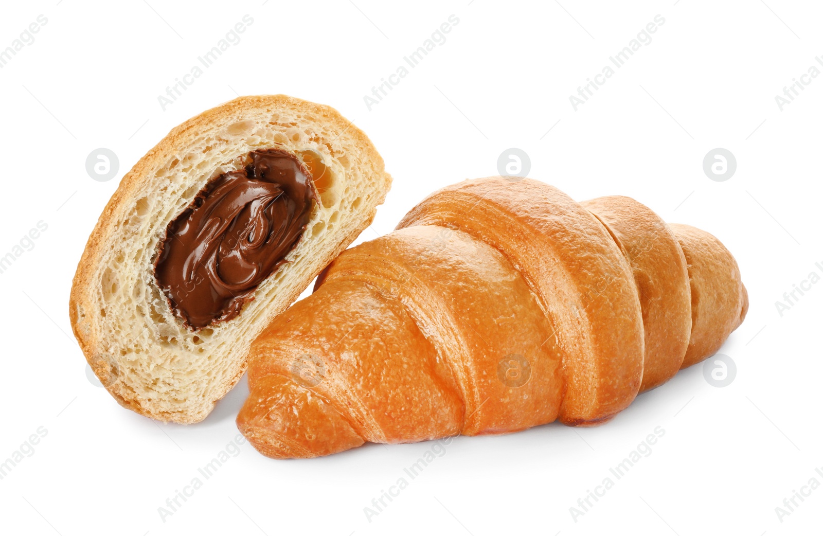 Photo of Delicious fresh croissants with chocolate isolated on white