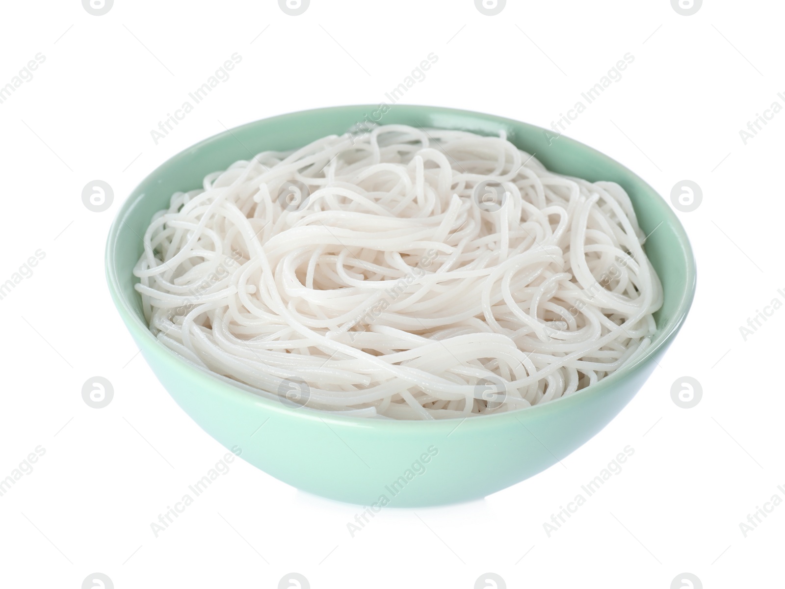 Photo of Bowl with cooked rice noodles isolated on white