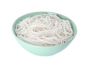 Bowl with cooked rice noodles isolated on white