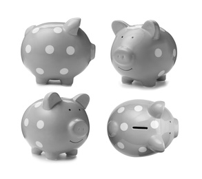 Image of Set with grey piggy bank on white background
