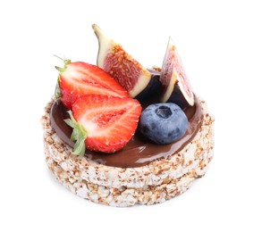 Photo of Tasty crispbreads with chocolate, berries and figs on white background