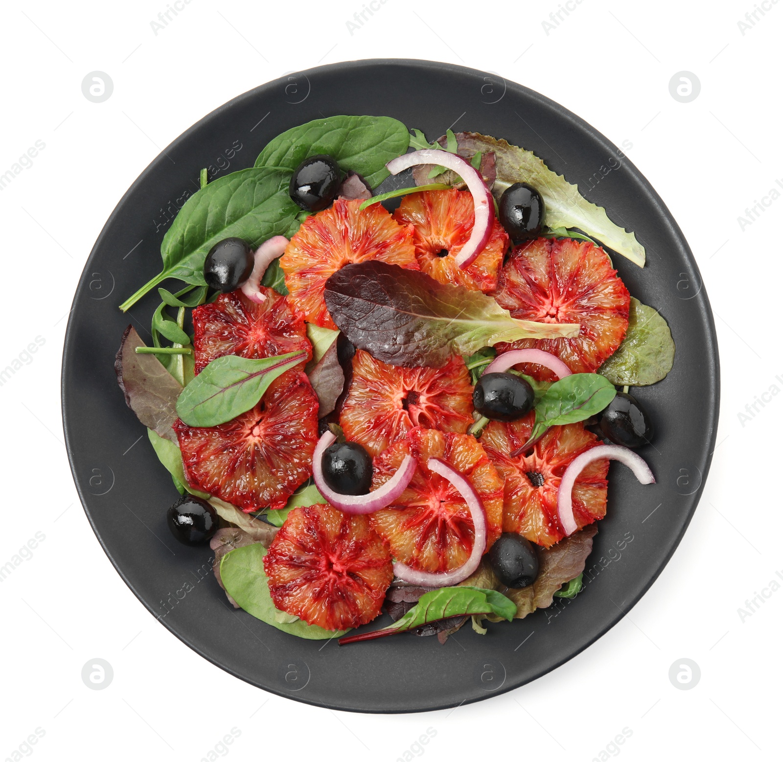 Photo of Plate of delicious sicilian orange salad isolated on white, top view