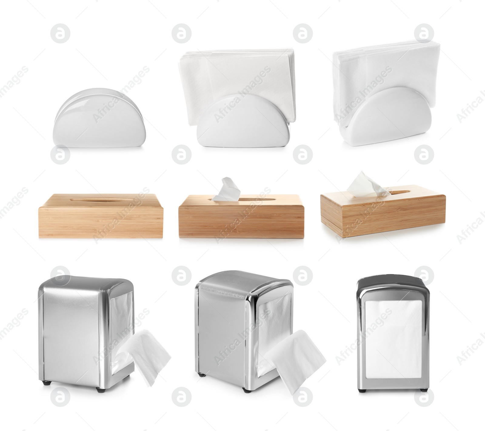 Image of Set of different modern napkin holders on white background