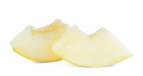 Photo of Slices of tasty ripe melon on white background