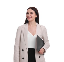 Beautiful businesswoman in suit with laptop on white background