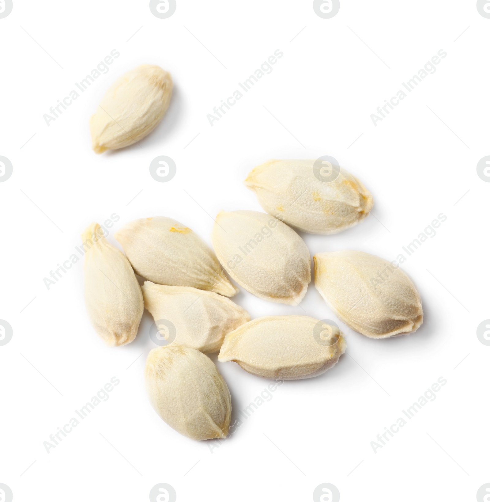 Photo of Many seeds of tangerine isolated on white, top view
