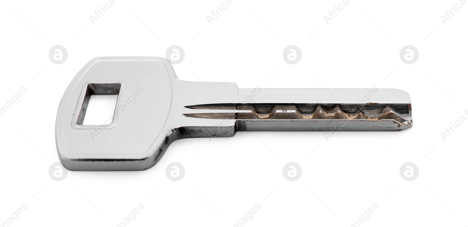 Photo of One metal door key isolated on white