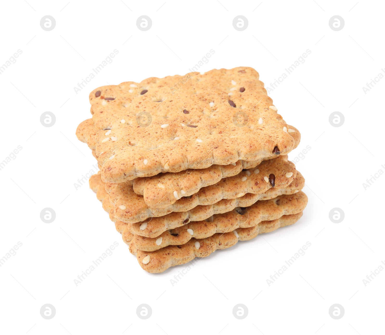 Photo of Stack of cereal crackers with flax and sesame seeds isolated on white