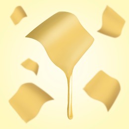 Slices of cheese falling on yellow background