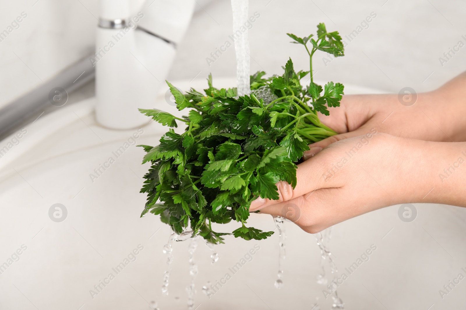 Photo of Woman washing bunch of fresh parsley under tap water in kitchen sink, closeup