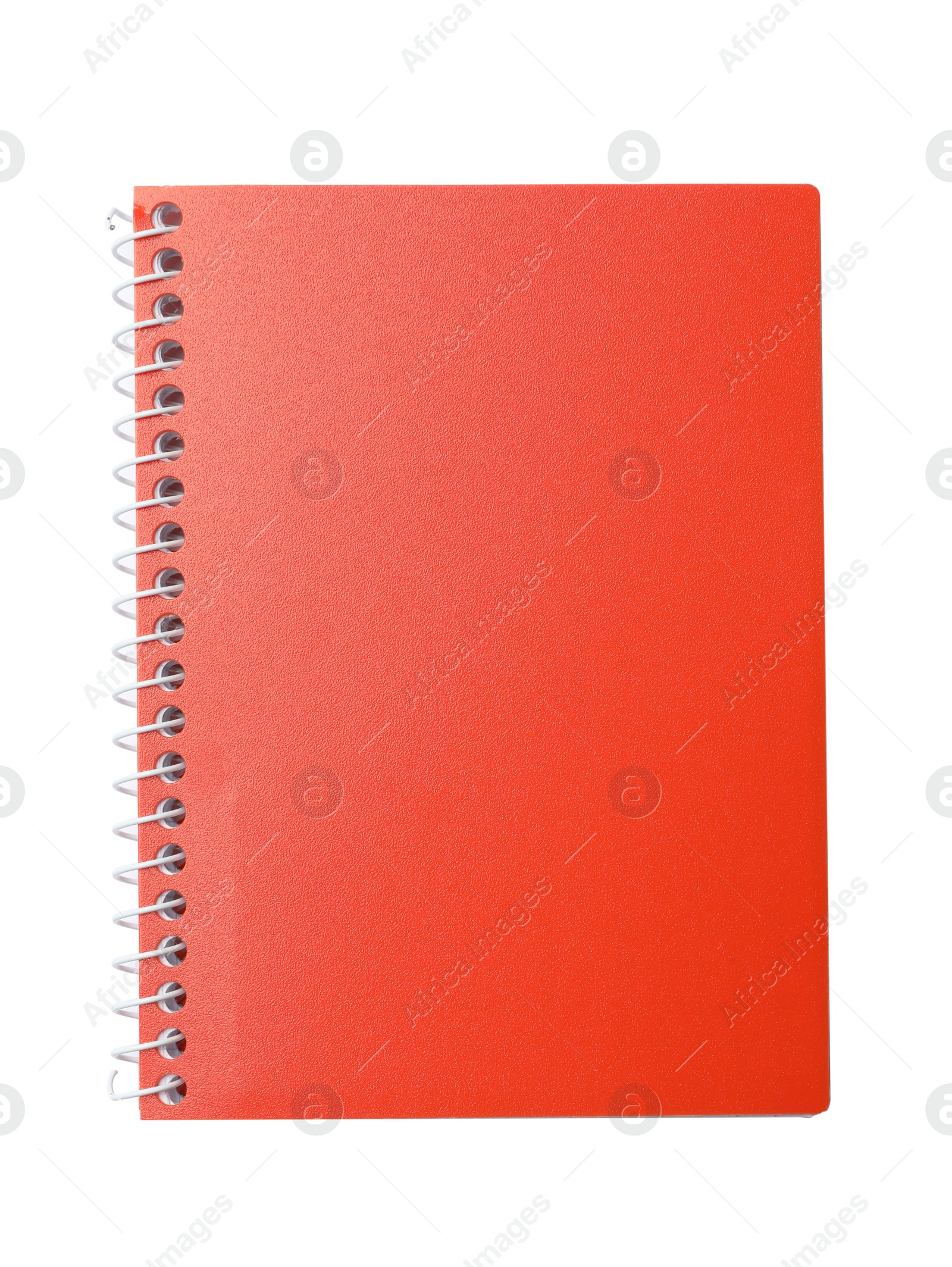 Photo of Stylish red notebook isolated on white, top view